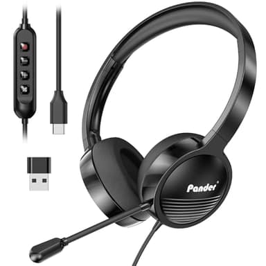 PANDER Auriculares con micrófono, auriculares USB con cable con micrófono para PC, auriculares de computadora con micrófono con cancelación de ruido, auriculares USB/USB-C con micrófono para trabajo,