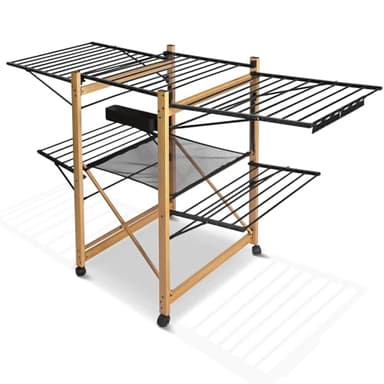 VOUNOT® Tendedero Ropa Plegable, Tendedor Extensible con Alas Laterales y Malla de Secado, Superficie de Tendido de 30m, Móvil con Ruedas para Interior y Exterior, 180x61x105cm, Negro