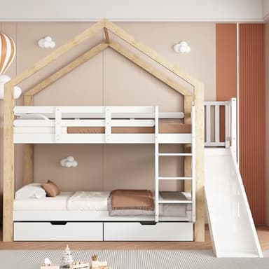 IHO SOFA Cama infantil litera de 90 x 200 cm con tobogán y escalera para 2 personas, cama alta con espacio de almacenamiento, litera con protección anticaída y somier, forma de casa, cuna con cajones