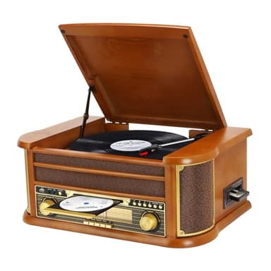 Tocadiscos de Vinilo Vintage Bluetooth inalámbrico de 3 velocidades con Radio fonógrafo Am/FM con Conector de 3,5 mm, CD/Cassette, Entrada Auxiliar/Salida RCA, reproducción USB