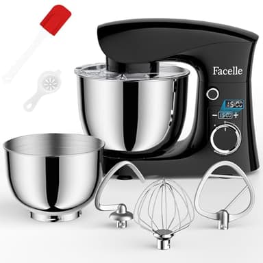 Batidora Amasadora Reposteria 1500 W, Facelle 5,5L & 4,5L Amasadora de Pan Multifunción, 10+P Robot de Cocina Amasador con Batidor, Batidor Plano, Gancho Para Masa y Protector Contra Salpicaduras