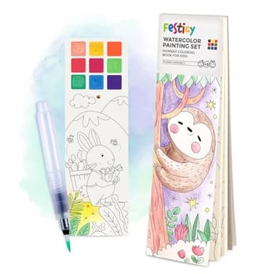 Festicy Libro para colorear de acuarela con pincel de depósito de agua, edición 2025, 25 páginas, para niños de viaje, avión perfecto, juegos para largos viajes en coche, vacaciones imprescindibles