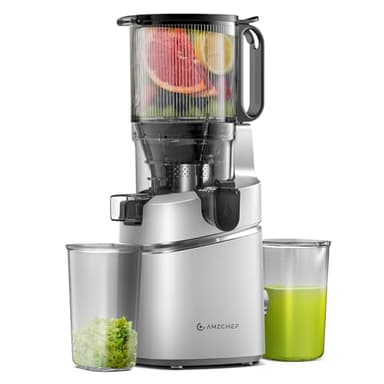 AMZCHEF Extractor de Zumos y Verduras Automático, 135MM Apertura y 1.8L Capacidad Licuadora para Verduras y Frutas Entera, 250W Licuadora Prensado en Frio Lento con Triple Filtro - Plata