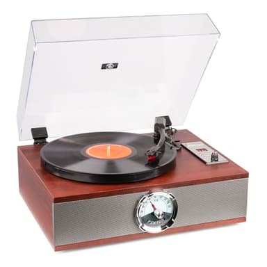 Fenton RP180 Tocadiscos de Vinilo y CD Vintage con Bluetooth, Radio FM, Altavoces para Tocadiscos Integrados, 33, 45 y 78 RPM, Salida RCA, contrapeso Ajustable, Parada automática. Color Madera