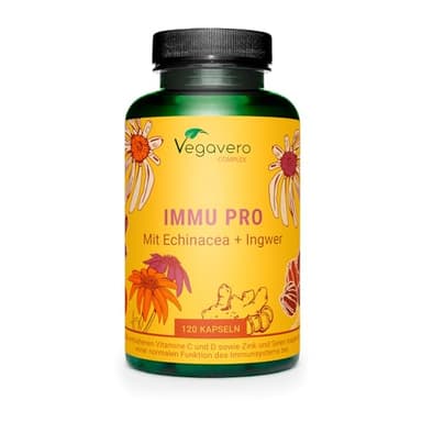 Complejo Defensas Inmunitarias | 100% NATURAL | 120 Cápsulas | Vitamina C, D3 + Equinácea + Zinc + Selenio + Jengibre | Immu Pro Complex | Sin Additivos y Vegano | Vegavero®