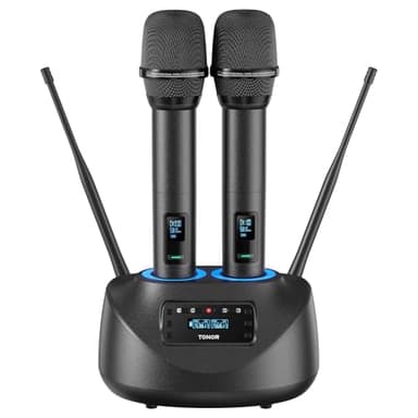 TONOR Microfono Inalambrico Recargable, Sistema de Wireless Microphone Set de Metal Dual Mic UHF, micrófono Bluetooth para Karaoke, UHF 80 m para KTV Casero/Fiesta/Boda/Iglesia/DJ, TW790 Negro