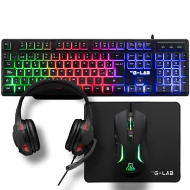 The G-Lab - Combo Sulfur - Pack Gaming 4 en 1 - Teclado Gaming QWERTY con Ñ, Ratón Gamer 3600 dpi, Auriculares Gaming, Alfombrilla Antideslizante para Juegos – PC, PS4, PS5, Xbox - Nuevo