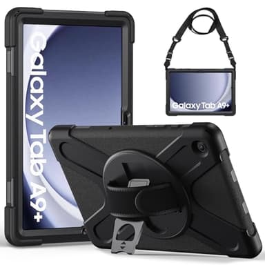Gerutek Funda Anticaída para Samsung Galaxy Tab A9 Plus 11" 2023, (SM-X210/X216/X218), Carcasa Rugosa con Soporte Giratorio, Correa de Mano/Hombro, Portalápiz, Funda para Samsung Tab A9+ Plus, Negro