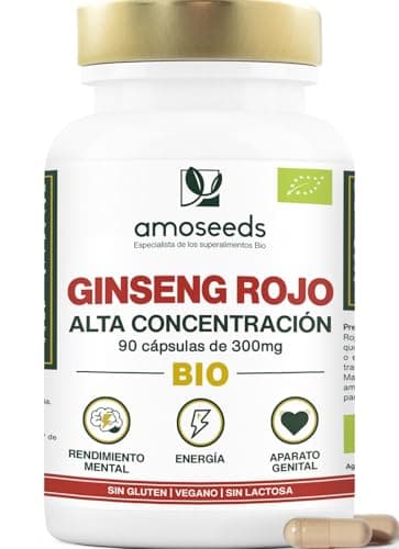 Panax Ginseng Rojo Coreano BIO | Alta Dosis 900mg / día, 90 cápsulas | 100% Puro y Orgánico | Energía, Vigor, Antiestrés, Concentración | Primera Calidad