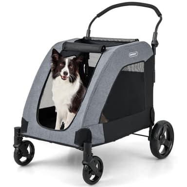 GOPLUS Carrito plegable para perros con 4 ruedas, con bolsa de almacenamiento, ventanas de malla y asa ajustable, para perros medianos y grandes, se puede explotar 60 kg