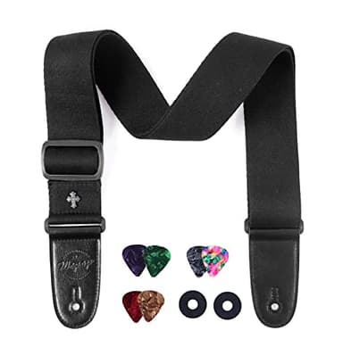 Wepop Correa de Guitarra Negra Algodón Ajustable con Extremos de Cuero PU, Accesorios para Bajo Eléctrico Acústico (Negro)