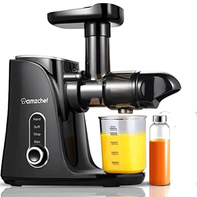 AMZCHEF Licuadora para Verduras y Frutas con 2 Modos de Velocidad - Licuadora Prensado en Frio con Función Inversa - Extractor de Zumos y Verduras con Botella Portátil y 2 Tazas - Negro Juicer