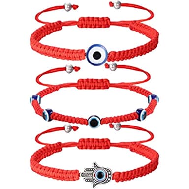 BRACO Pulseras Buena Suerte Hilo Rojo Kabbalah - Mal de Ojo - Ojo Turco - Mano de Fatima - Nudo Corredizo Ajustable - Cuerda Trenzada Anudada - Hecha a Mano - Pack 3 Pulseras