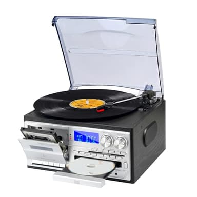 9 en 1 Tocadiscos con Bluetooth, CD, Casete, Radio Am/FM, Reproducción USB SD MMC y Control Remoto – Tocadiscos de 3 Velocidades, Entrada de Auriculares de 3,5 mm y Aux In RCA Line out