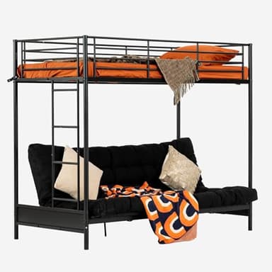 MEUBLE COSY Literas Juveniles 90x190cm Marco de Cama con Sofá Plegable y Futón y Somier de Lamas de Metal, Estilo Industrial, para Dormitorio Infantil Hogar, Negro