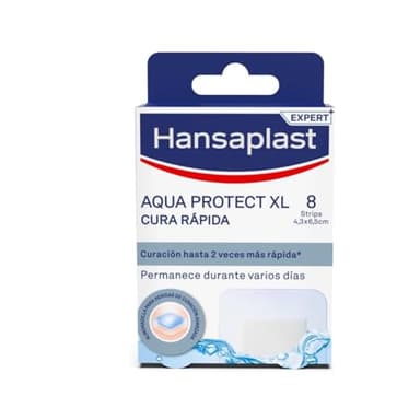 Hansaplast Cura Rápida Aqua Protect XL, apósitos avanzados para acelerar el proceso de curación, impermeables y transpirables para heridas medianas, 1 x 8 ud (4,3 x 6,5 cm)