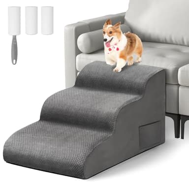 Otauoaea Escalera para Perros, Escaleras para Mascotas de Espuma de 3 peldaños para Cama/sofá, Rampa para Perros Pequeños y Gatos con Funda Lavable y Fondo Antideslizante, Enviar Rodillo de Pelusa