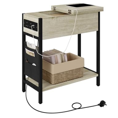 EUGAD Mesita Estrecha con 2 Enchufe y 2 Puertos USB, Mesa de Sofa con Tablero Plegable, Bolso y Espacio de Almacenamiento, Mesita Auxiliar para Salón y Dormitorio, Roble Claro, 0003CHJ