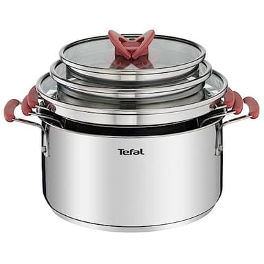 Tefal Optispace - Juego de 3 Ollas 18/20/24 cm + 3 Tapas | Apto inducción, Thermo-Fusion, marcas medición, apto lavavajillas y horno, acero inoxidable