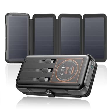 Cargador Solar Power Bank 25000mAh - SOARAISE 20W Batería Externa Carga Rápida Inalámbrica con 3 Cables y 4 Paneles Solares, PD QC 3.0 USB C con Linterna LED para Smartphones, Camping