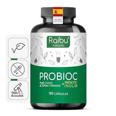 Probióticos y prebióticos intestinales - 180 cápsulas, 25 cepas bacterianas + Inulina, 60 Mil Millones UFC - Lactobacillus, Bifidobacterium, Máxima concentración