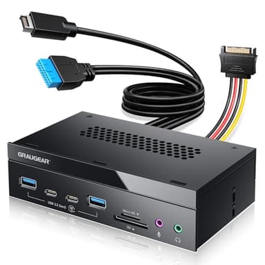 GRAUGEAR 8 interfaces [10 Gbps] Panel Frontal de 5,25 Pulgadas con 2 x USB-C y 2 x USB-A USB 3.2 Gen2 10 Gbps, Lector de Tarjetas SD y microSD, Audio E/S, micrófono, Puertos para Auriculares