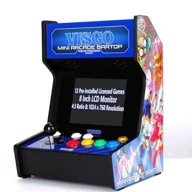 Unico VISCO Mini Arcade Bar Top con Gamepad Extra, Máquina Recreativa Doméstica, 12 Juegos VISCO Retro Originales Precargados, Musashi Ganryu, ect., Pantalla de 8 Pulgadas, Soporte de Salida HDMI