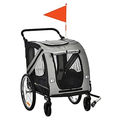 PawHut Remolque de Bicicleta para Perros 2 en 1 Carrito de Transporte para Mascotas con Puertas Enrollables Cinturón de Seguridad Bandera y 6 Reflectores Carga 30 kg 140x72,5x108 cm Gris