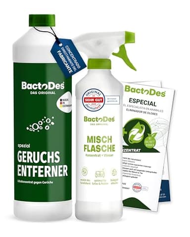 BactoDes - Neutralizador de olores especial 1L concentrado con botella mezcladora en spray - Limpiador enzimático universal con efecto biomicrobiano - Eliminador de olores de todo tipo