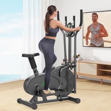 Bicicleta Elíptica, 2 en 1 Bicicleta Elíptica y Bicicleta Estática con Asiento, Monitor LCD, Resistencia Ajustable, Pedal Antideslizante, Máquina Elíptica para Ejercicios Aeróbic en Interiore