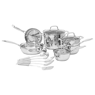 Amazon Basics Juego de 15 piezas de ollas, sartenes y utensilios de acero inoxidable, Plateado