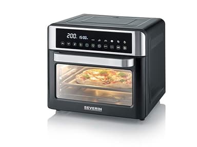 Severin Horno tostador y freidora de aire con 25 L, pantalla LED, temporizador y 12 programas, incl. bandeja de hornear, rejilla grill, cesta para freír, 40-220°C, 2.200 W, negro-plateado, TO 9579