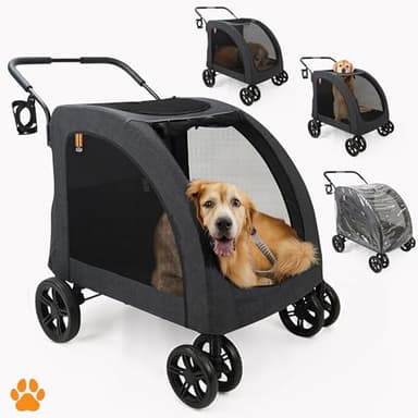 MY DUQUE - Carro para perros Chester - Carrito de paseo para perros grandes, carrito de paseo para gatos, plegable, incl. protector de lluvia, portabebidas, carga máx. 50 kg, color negro
