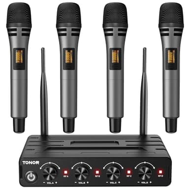 TONOR Microfono Inalambrico, 4x5 Canal UHF Micro, Micrófono Dinámico de Mano con Receptor, Multiset Operación, 60m Ideal para Karaoke Canto, Boda, Iglesia, reunión, Plata, PA, Amplificador