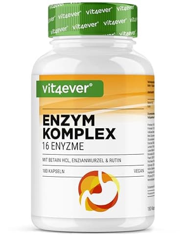 Enzimas Digestivas - 180 Cápsulas con 16 Enzimas más Betaína HCL, Rutina y Raíz de Genciana - Con Bromelina, Papaína, Amilasa, Lipasa, Proteasa, Lactasa - Vegano - Alta Dosis