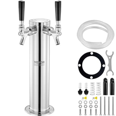 VEVOR Dispensador de torre de cerveza de barril de doble grifo, torre de cerveza de barril de acero inoxidable, kit de torre Kegerator con tubo premontado y vástagos de grifo de cierre automático para