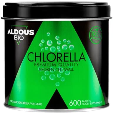 600 Comprimidos de Pura Chlorella Ecologica - 3000 mg por dosis diaria - Pared Celular Rota - Saciante 100% Natural, DETOX - Proteina Vegana Ecológica - Clorofila - Aumenta Energía – ALDOUS