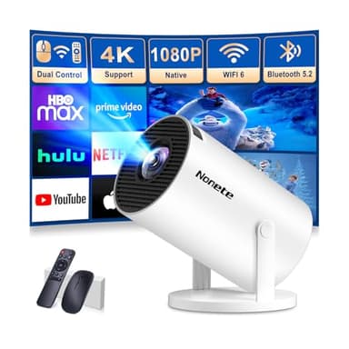 [App Integrada]2025 Proyector Portátil, 1080P Full HD, Soporte 4K, Mini Proyector Vídeo con WiFi 6 y BT 5.2, Soporta Rotación de 180°, Corrección Keystone Automática, Compatible con HDMI/TV Stick/USB