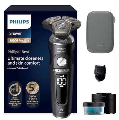 Philips Serie 9000 Prestige Afeitadora Eléctrica Hombre, Máquina de Afeitar Barba con Barbero, 72 cuchillas, Motor Digital, 60min de uso, Seco y Húmedo, Recargable, Centro de Limpieza, SP9840/31, Mate