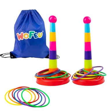 WOFEU Juego de Lanzar Anillas para Niños con 18 Anillas y Bolsa de Viaje, Colorido Juego de Lanzar y Juego Activo, Juegos de Jardín Equipo de Juego al Aire Libre para Niños