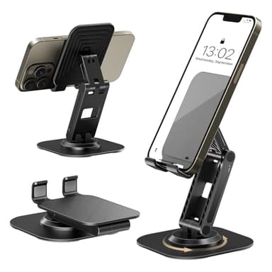 GlasFlength Soporte Móvil Mesa, Soporte para Movil con Base giratoria de 360 Grados Porta Movil Plegable Y Ajustable Múltiples Ángulos para iPhone 15 14 13 12 11 Huawei Galaxy Alle Smartphones (Negro)