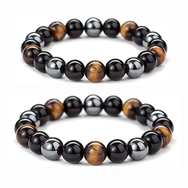 No application Pulsera de Triple Protección, 2Pcs Pulsera Ajustable de Cuentas de Hematita, Ojo de Tigre, Obsidiana Negra, Piedras Naturales para Mujer y Hombre