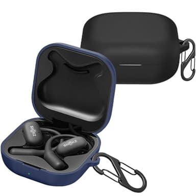 easyBee Funda 2-Pack Compatible con SHOKZ OpenFit Open Ear Earbuds, Carcasa Protector de Silicona Líquida, Estuche Auriculares Ultrafina Antigolpes con 2 Mosquetón - Negro y Azul