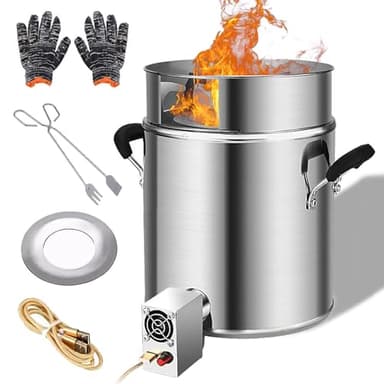 Horno de Cohetes, Estufa de Leña para Horno Holandés Barril de Fuego de Acero Inoxidable con Pinzas para Leña Protección Contra el Viento y Soplador USB Horno sin Humo para Acampar