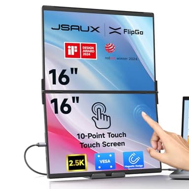 JSAUX FlipGo 16" Monitor Portátil Táctil 2.5K Dual Screen, Extensor Pantalla Portátil Triple para Ordenador, HiDPI, un cable para dos pantallas, HUB integrado, diseño magnético, compatible con Windows