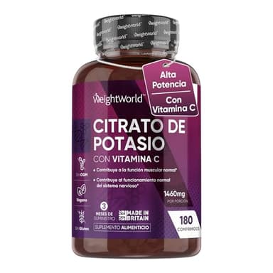 Citrato de Potasio 1460mg - 180 Comprimidos con Vitamina C - Suplemento Deportivo de Alta Potencia, Contribuye al Funcionamiento Normal de los Músculos - Apto para Veganos
