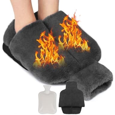 Flintronic Calienta Pies Bolsa Agua Caliente, 2 en 1 Calefactor Pies Zapatillas Peluche, Calentador de pies sin electricidad, para los pies fríos en invierno, para mujeres/hombres/adultos-Gris