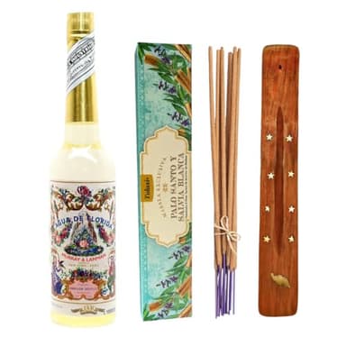 FAMILYCOM Florida Agua de Perú Original Botella de 270ml Murray Y LanMan. Pack con Incienso Palo Santo y Salvia Blanca y Porta Incieso. Amarilla Original de Perú