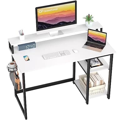 GreenForest Escritorio de Ordenador con Soporte de Monitor, Escritorio de Oficina con Estantes de Almacenamiento Ajustables, Pequeño Escritorio Reversible para el Estudio, Blanco