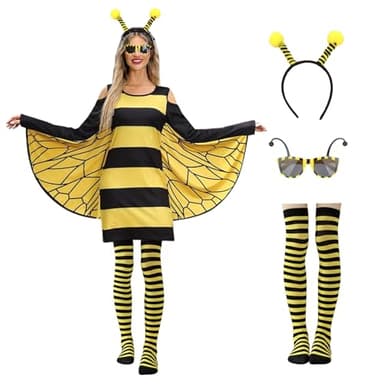 JINGTOPS Disfraces Originales Carnaval Disfraz Abeja Mujer De 4 Piezas Para,Vestido Abeja Mujer Con Alas De Abeja Para Adultos,Diadema De Abeja, Medias Hasta La Rodilla,Gafas De Abeja Para Mujer (XL)